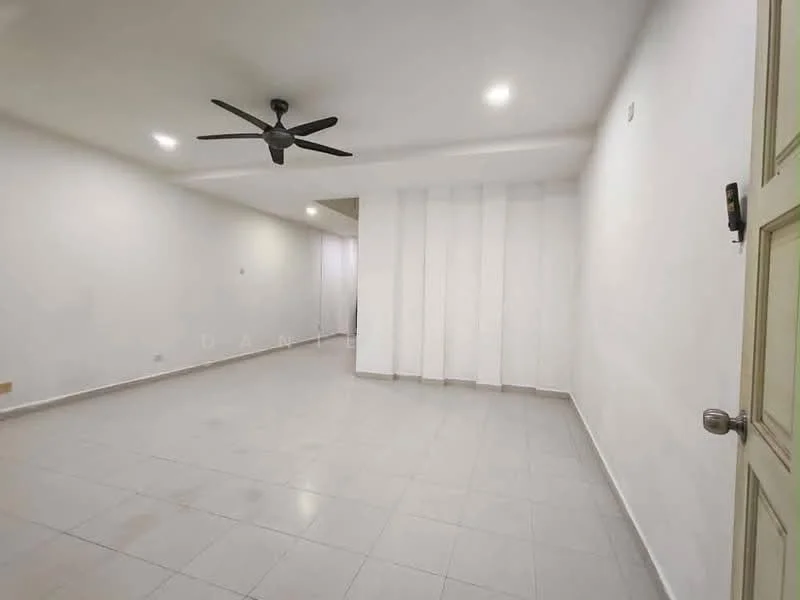 Room features: white painted walls, grey tiled flooring, 5-blade ceiling fan, recessed LED downlights, no visible furniture, open layout, smooth ceiling, no visible windows or doors; style: modern.