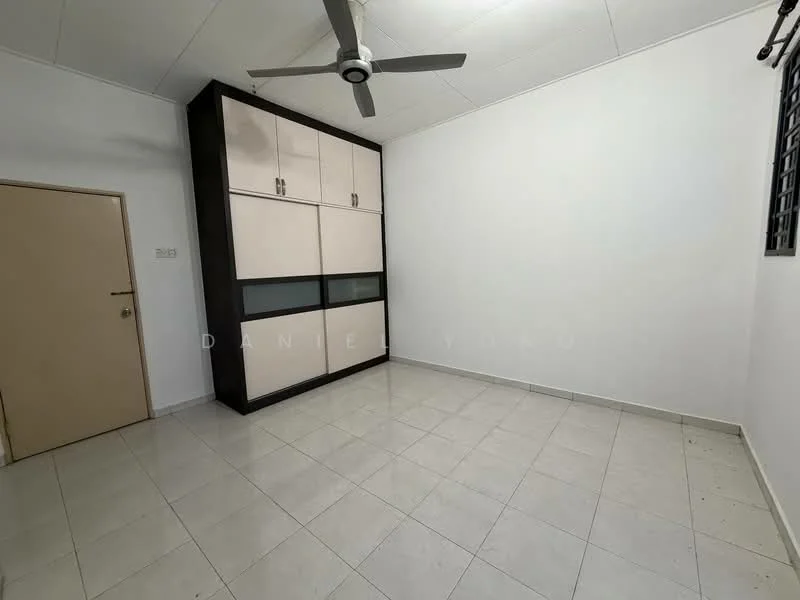 Room features: white painted walls, tile flooring, ceiling fan, built-in wardrobe with sliding doors, window with security bars, neutral color scheme; style: minimalist.
