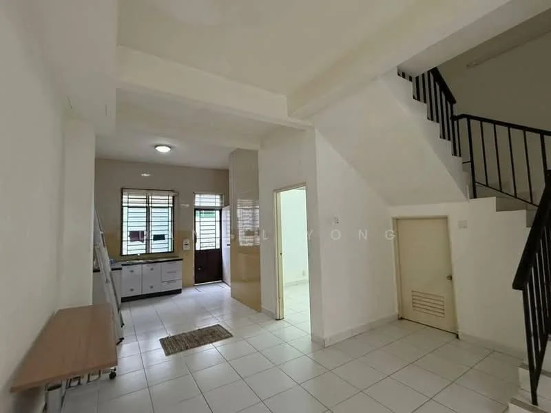 Room features: white painted walls, white ceiling, tile flooring, staircase with black railing, window with blinds, door leading outside, door leading to another room, open layout, kitchen area visible in background, light fixture on ceiling; style: modern.