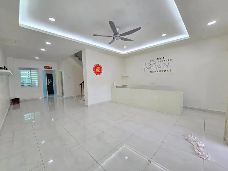 Living features: white painted walls, polished ceramic tile flooring, recessed ceiling lights, 5-blade ceiling fan, large windows, open layout, decorative wall art, glass partition, staircase visible; style: modern.
