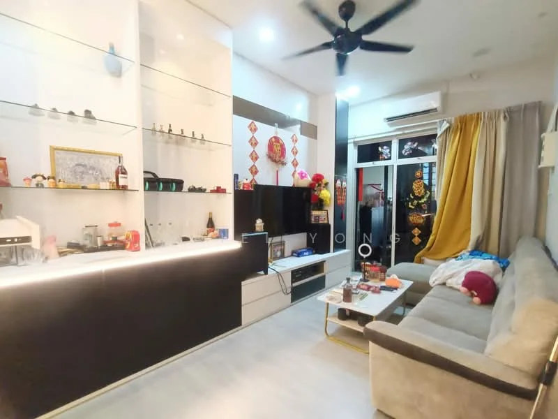 Living features: grey fabric sofa, coffee table, wall-mounted TV, black feature wall, white cabinetry, open shelving, recessed lighting, ceiling fan, curtains in beige, sliding glass door, decorative wall art, colorful decorations, laminate flooring; style: modern; view: garden.
