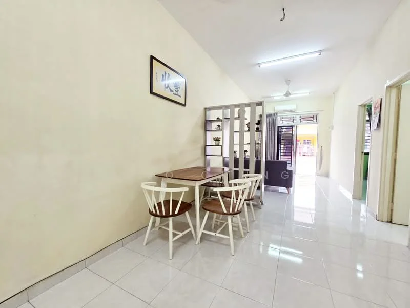 Dining features: white walls, glossy white tile flooring, 5-blade ceiling fan with light, wooden dining table, 4 white wooden dining chairs, open shelving unit with decorative items, doorway leading to outdoor area, natural light from doorway; style: modern.