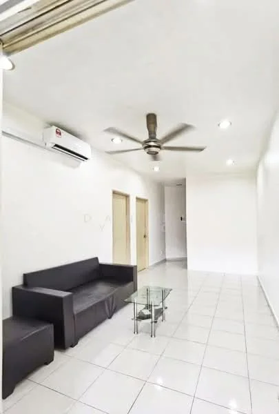 Living features: white painted walls, glossy white tile flooring, 5-blade ceiling fan with light, wall-mounted split AC, black fabric sofa, glass coffee table, two wooden doors, recessed LED downlights; style: modern.