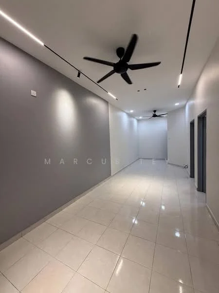 Room features: white walls, grey accent wall, polished ceramic tile flooring, 5-blade ceiling fan with light, recessed LED downlights, straight corridor layout; style: modern.