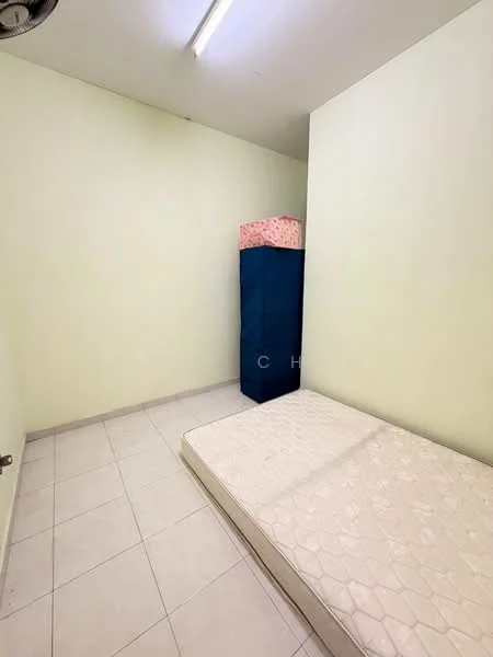 Bedroom features: light green painted walls, white tiled flooring, single mattress on bed frame, blue storage cabinet, ceiling light fixture, corner space, no visible window treatments.