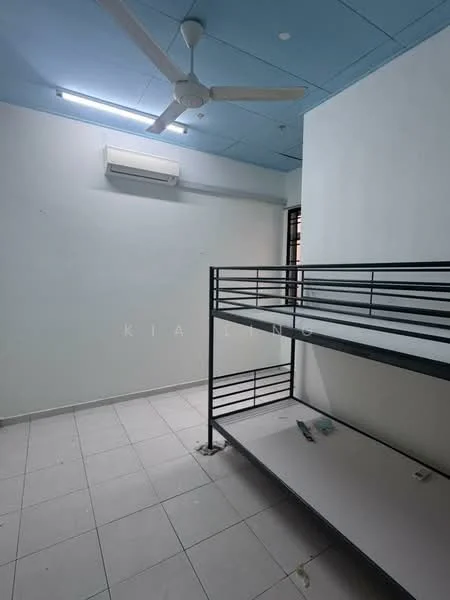 Room features: white painted walls, blue ceiling, tile flooring, 1 wall-mounted split AC, ceiling fan, bunk bed frame, window with grille, LED ceiling lights; style: minimalist.