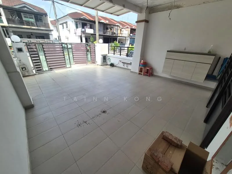 Room features: tiled flooring, white walls, open layout, overhead ceiling, built-in cabinetry, glass sliding door, outdoor access, natural light, minimal decor; style: modern; view: garden.
