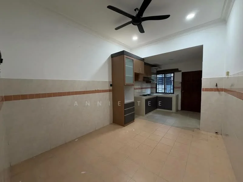 Room features: cream tiled flooring, white painted walls, ceiling with recessed lighting, 5-blade ceiling fan, kitchen cabinetry with glass-front upper cabinets, dark countertop, sink, window with grid pattern, door leading to another room; style: modern.