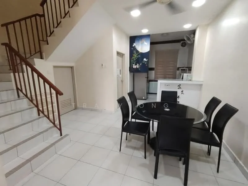 Dining features: round dining table, black dining chairs, white walls, tile flooring, ceiling fan, open layout, staircase, kitchen area visible in background; style: modern.