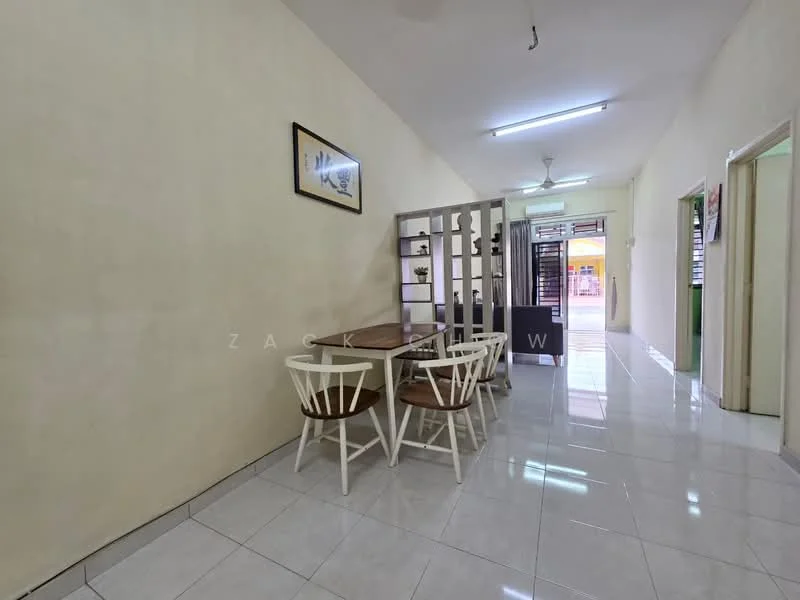 Dining features: white painted walls, glossy white tile flooring, ceiling fan, 4-seater round dining table, wooden dining chairs, open shelving unit, natural light from windows, neutral decor; style: modern. Room features: white painted walls, glossy white tile flooring, ceiling lights.