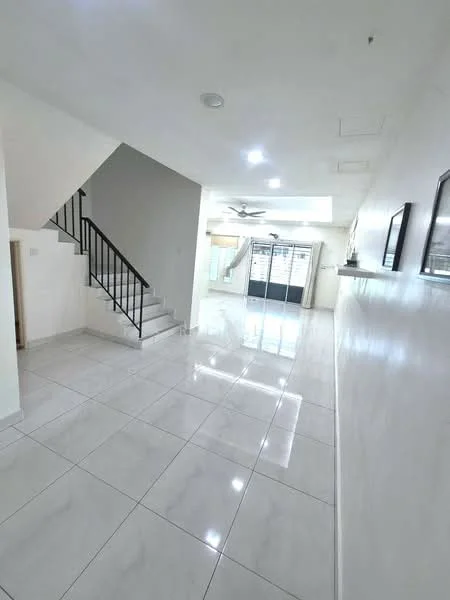 Living features: white painted walls, glossy white tile flooring, 5-blade ceiling fan with light, recessed downlights, large sliding glass doors, staircase with black metal railing, open layout, natural light from windows; style: modern.