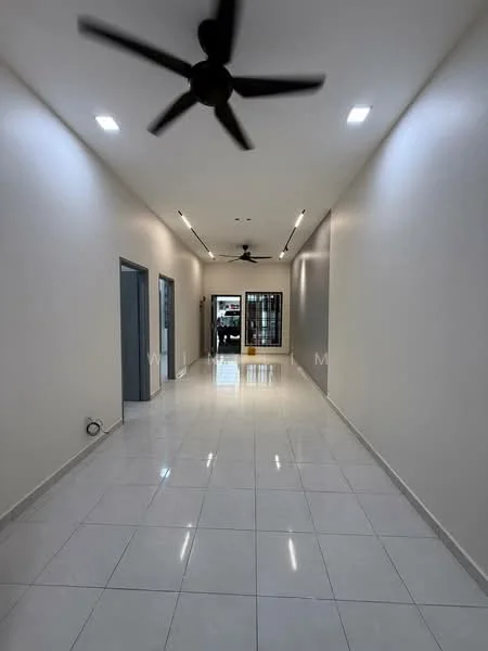 Room features: white painted walls, glossy white tile flooring, 2 ceiling fans, recessed LED downlights, glass door leading outside, multiple doorways, long hallway layout; style: modern.
