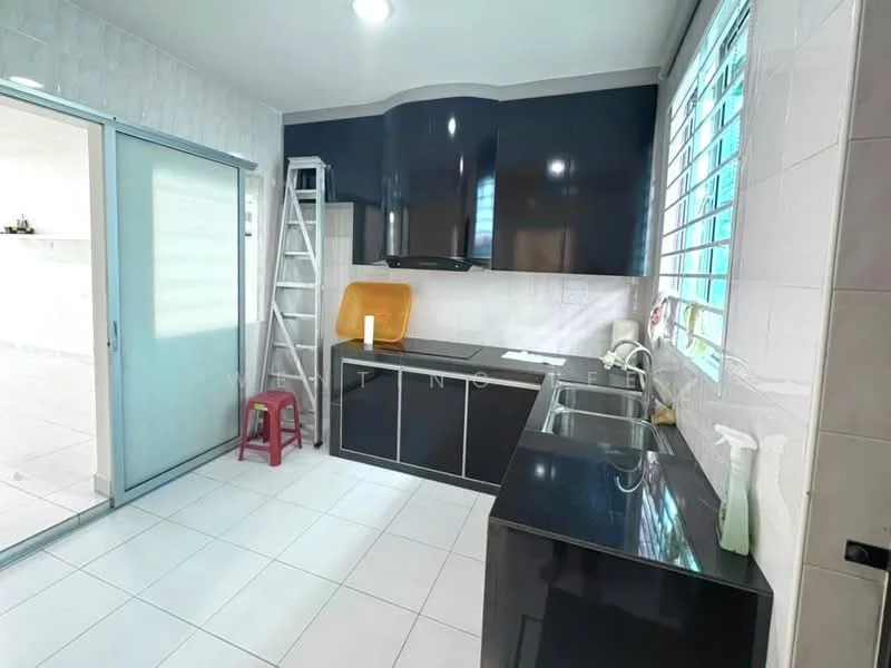 Kitchen features: black cabinetry, black granite countertop, double-bowl stainless-steel sink, chrome pull-down faucet, built-in oven, freestanding range oven, ceramic tile flooring, white tiled walls, window with horizontal slats, sliding glass door, step ladder, stool; style: modern.