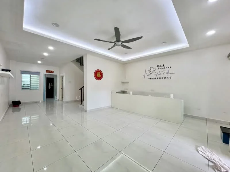 Room features: white painted walls, glossy white tile flooring, recessed downlights, 5-blade ceiling fan, open layout, staircase visible in background, decorative wall art, large windows, no visible furniture; style: modern.