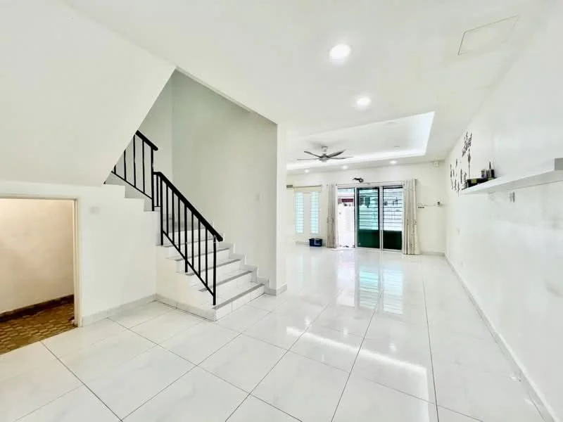 Room features: white painted walls, marble tile flooring, recessed downlights, 5-blade ceiling fan, staircase with black metal railing, large sliding glass doors, natural light from windows, open layout, decorative wall with minimal decor, high ceiling; style: modern; view: garden.