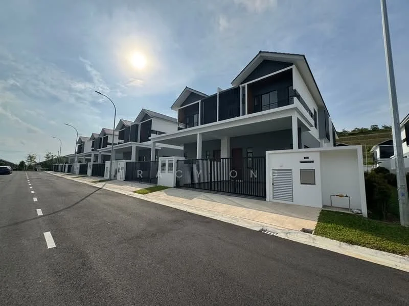 Exterior type: linked terrace house; features: two-storey building, grey painted facade, white trim, gabled roof, front porch, fenced front yard, manicured lawn, paved walkway, street view, surrounded by greenery, single-car garage, multiple windows; style: modern.