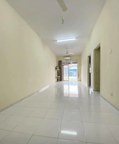Room features: white painted walls, glossy white tile flooring, ceiling fan, sliding glass door, natural light from door, neutral color scheme, recessed lighting, open layout; style: modern; view: garden.