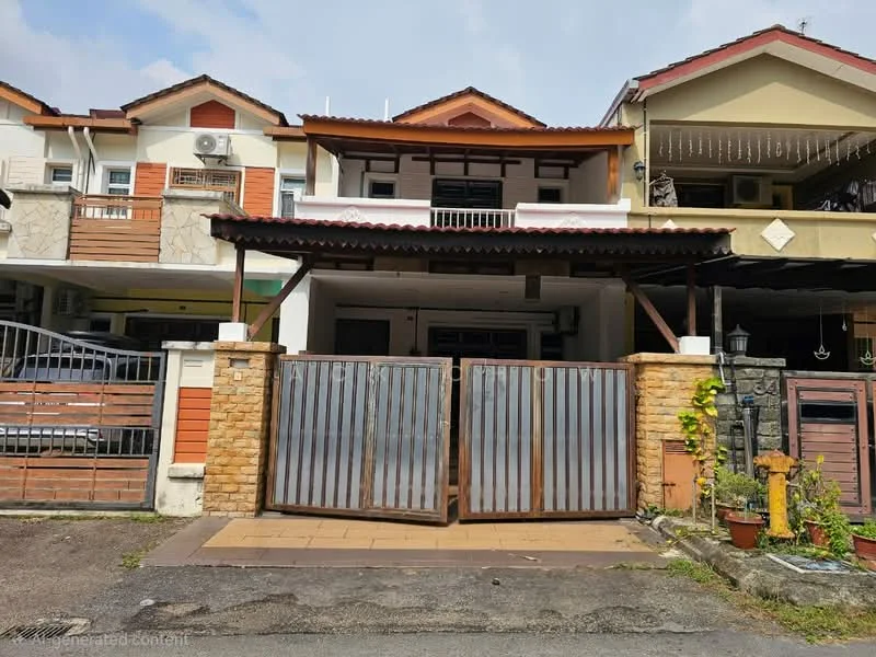 Exterior type: linked terrace house; features: brick facade, wooden gate, covered porch, paved walkway, gabled roof, overhanging eaves, decorative wooden beams, stone cladding on adjacent house, multiple air conditioning units visible, landscaped area with plants; style: modern.