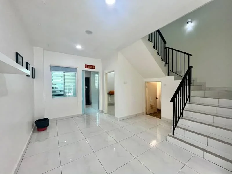 Room features: white painted walls, white tiled flooring, staircase with black railing, recessed ceiling lights, window with horizontal blinds, doorway leading to another room, open space layout, corner shelf, light fixture on wall; style: modern.