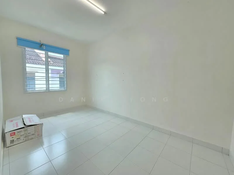 Room features: white painted walls, white tile flooring, single window with blue curtain, ceiling lights, empty space; style: minimalist.