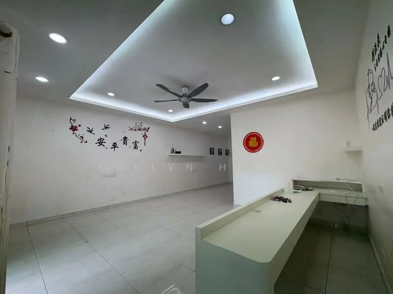 Living features: white painted walls, recessed ceiling with LED strip lighting, 5-blade ceiling fan, light grey tile flooring, built-in console table, decorative wall art, wall-mounted electrical outlets, open layout; style: modern.