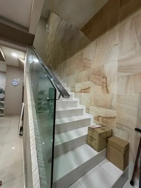 Room features: staircase with white steps, glass railing, decorative wall with wood-like tiles, cream tiled flooring, wall-mounted clock, boxes on the floor; style: modern.