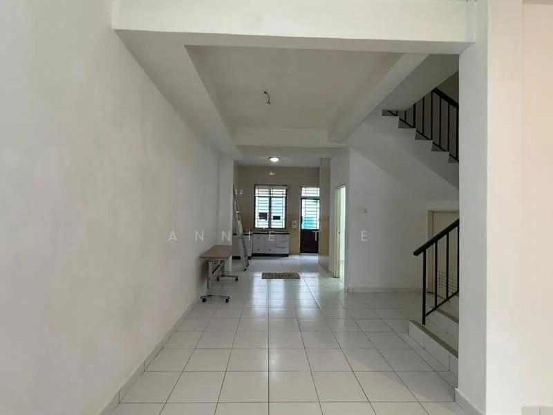 Room features: white painted walls, tile flooring, staircase with metal railing, recessed ceiling lights, large windows, open layout, entryway space, doorway leading to kitchen area; style: modern.