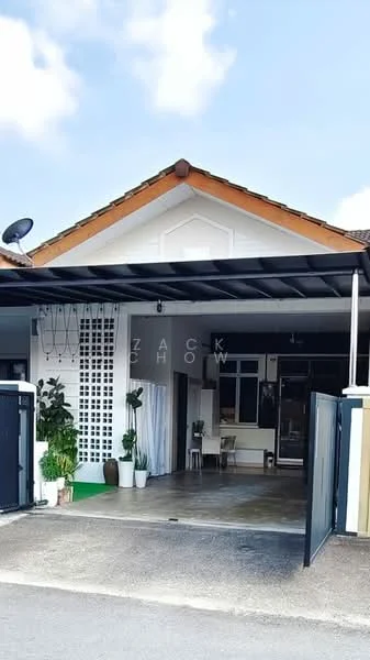 Exterior type: linked terrace house; features: white painted facade, pitched tile roof, car porch with awning, manicured lawn, paved driveway, decorative wall with lattice design, outdoor plants, front entrance with double doors, security gate, satellite dish on roof; style: modern.