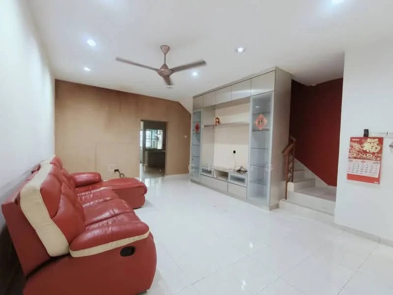 Living features: red leather sectional sofa, white accent cushions, glossy white tile flooring, white painted walls, feature wall in red, ceiling fan with light, built-in shelving unit with glass doors, staircase leading to upper level, wall-mounted calendar; style: modern.