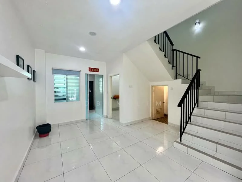 Room features: white painted walls, white tiled flooring, staircase with black railing, recessed ceiling lights, window with horizontal blinds, doorway leading to another room, doorway leading to a utility area, open layout, corner shelf, light fixture on wall; style: modern.