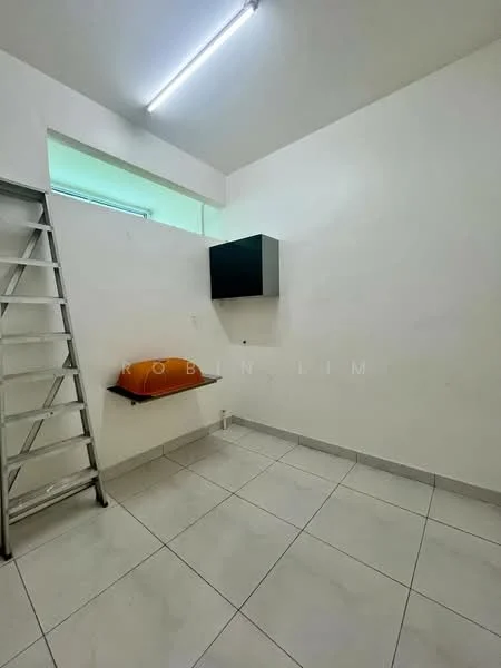 Room features: white painted walls, tile flooring, window with green tint, shelf mounted on wall, ladder, orange cushion, fluorescent ceiling light.