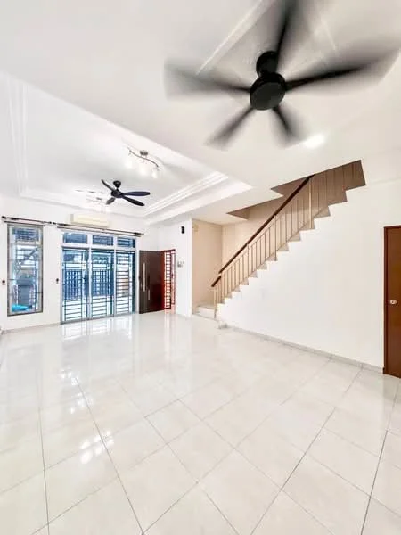 Living features: white painted walls, glossy ceramic tile flooring, 5-blade ceiling fan with light, recessed downlights, staircase with wooden railing, floor-to-ceiling windows, sliding glass door, open layout; style: modern.