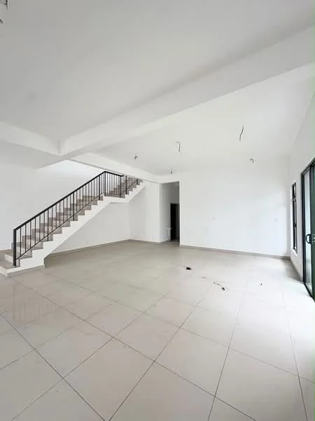 Room features: white painted walls, polished ceramic tile flooring, exposed staircase with metal railing, large glass sliding door, high ceiling, recessed downlights, open layout, natural light from windows; style: modern.