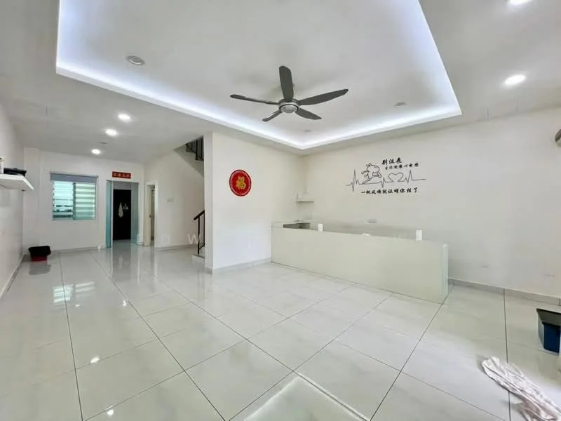 Room features: white painted walls, glossy white tile flooring, recessed LED downlights, 5-blade ceiling fan, staircase visible in background, decorative wall art, glass sliding door, open layout; style: modern.