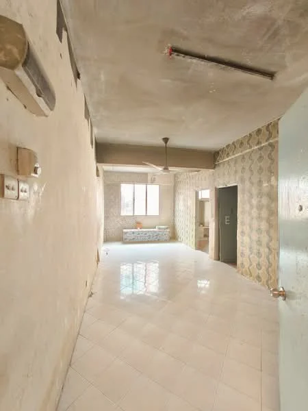 Room features: plain white walls, grey ceiling, ceiling fan, tiled flooring, large window, decorative wallpaper, light coming through window, door leading to another room; style: minimalist.