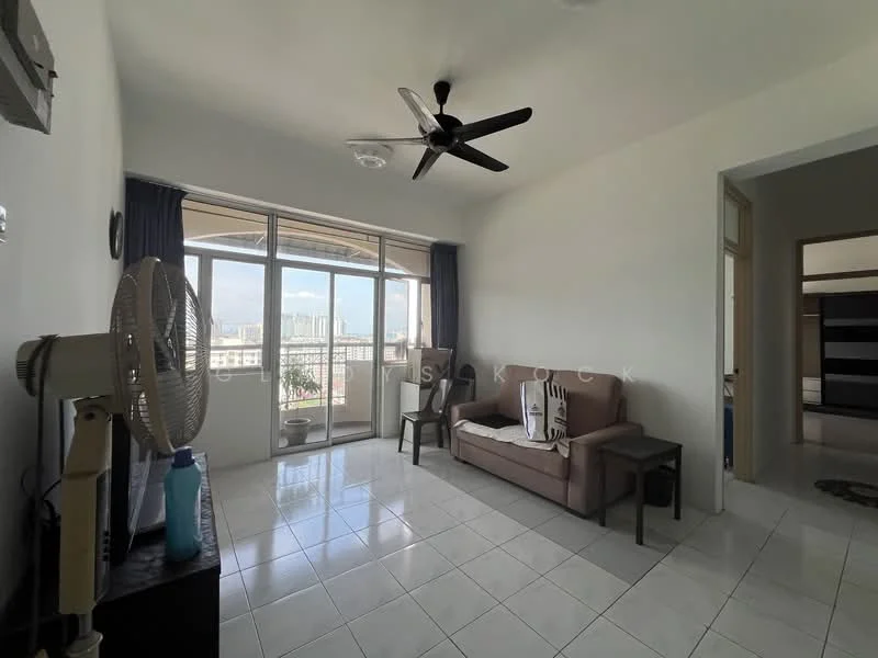 Living features: floor-to-ceiling windows, 3-blade ceiling fan, white painted walls, white tiled flooring, sofa, coffee table, curtains, city view, decorative wall, side table; style: modern; view: city. Room features: doorway leading to another room, visible bathroom door.