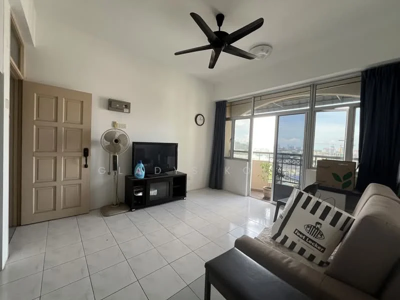 Living features: white painted walls, ceramic tile flooring, 5-blade ceiling fan, wall-mounted TV, black TV console, sofa in beige, floor-to-ceiling windows, curtains, decorative throw pillows, standing fan, coffee table, decorative cushion, open view, city skyline view; style: modern; view: city.