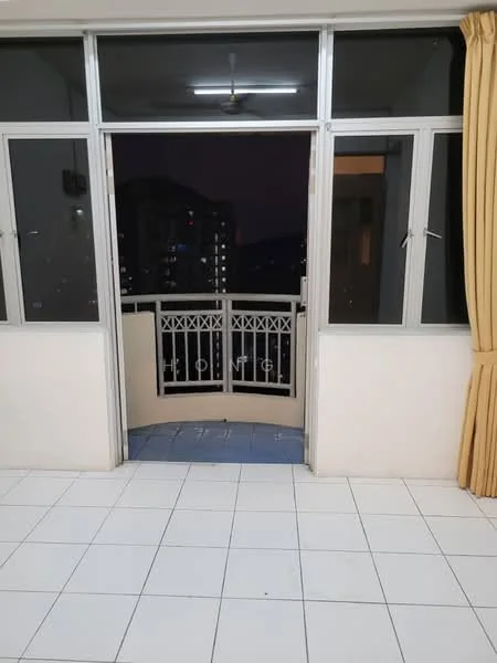 Room features: white painted walls, tiled flooring, floor-to-ceiling windows, sliding glass door, curtains, balcony access, city view; view: city.