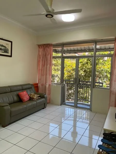 Living features: 3-seater leather sofa in grey, decorative cushion, floor-to-ceiling windows, sliding glass door, curtains in peach, white tiled flooring, ceiling fan, wall-mounted light fixture, wall art, coffee table, TV console; style: modern; view: garden.