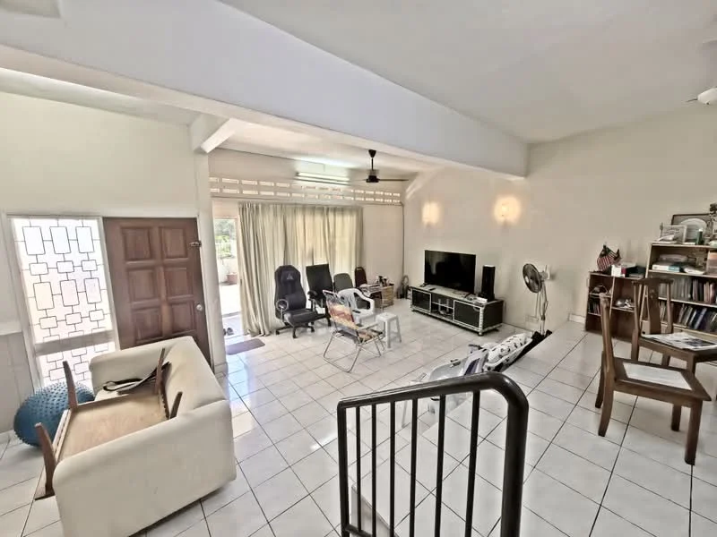 Living features: white painted walls, tiled flooring, ceiling fan, wall-mounted TV, TV console, sofa, armchairs, coffee table, bookshelf, large windows with sheer curtains, decorative plants, staircase, light fixtures; style: contemporary; view: garden.
