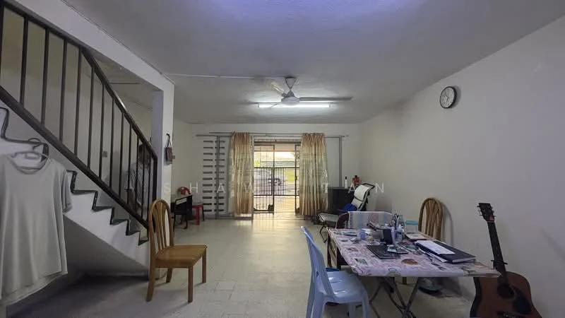 Living features: ceiling fan, wall clock, large windows with sheer curtains, light-colored walls, tile flooring, dining table with chairs, guitar, open space layout, staircase, decorative items on table.