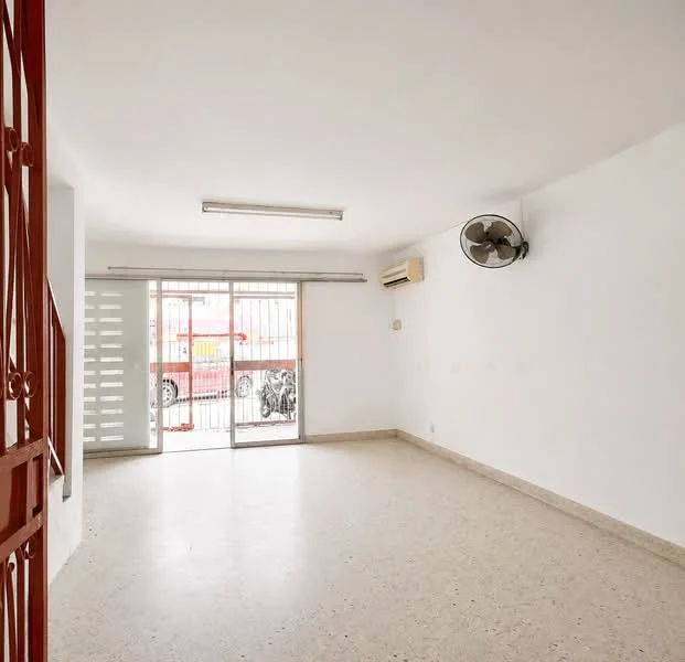 Living features: white painted walls, tile flooring, ceiling lights, 1 wall-mounted split AC, 5-blade ceiling fan, sliding glass door, window with sheer curtains, open layout; style: modern.