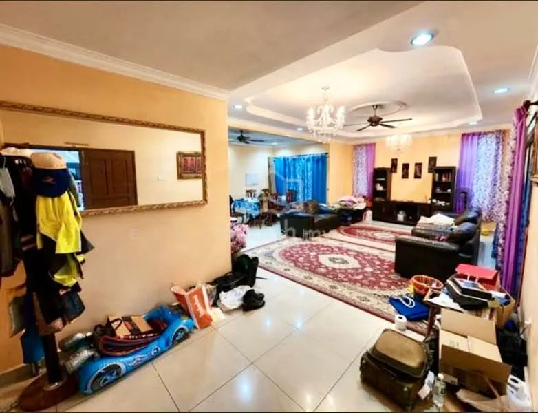 Living features: cream painted walls, tray ceiling with recessed lighting, 5-blade ceiling fan with light, chandelier, large area rug with geometric pattern, 3-seater leather sofa in black, 2-seater fabric sofa in grey, coffee table, TV console, wall-mounted TV, decorative mirror, framed artwork, curtains in purple and pink, tile flooring; style: contemporary. Room features: clothing rack, toys, boxes.