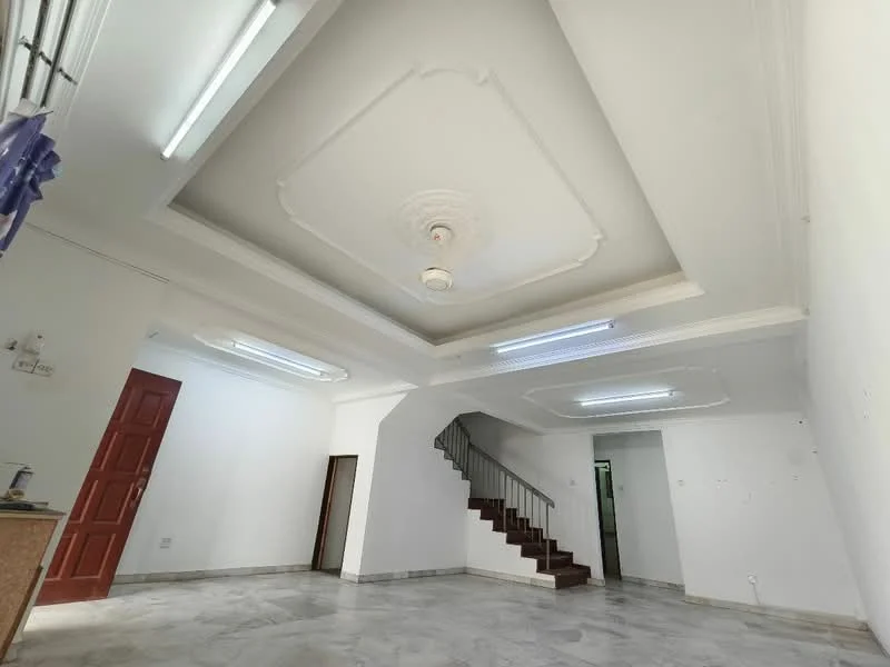 Room features: white painted walls, marble flooring, tray ceiling with decorative molding, recessed LED downlights, ceiling rose, staircase with wooden steps, single ceiling fan, doorway leading to another room, light switch, wall-mounted electrical outlets; style: modern.