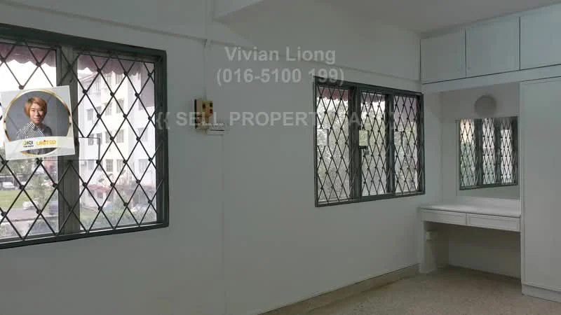 Room features: white painted walls, grey floor tiles, two windows with security grilles, built-in cabinetry, desk area, natural light from windows, neutral decor; style: minimalist; view: garden.