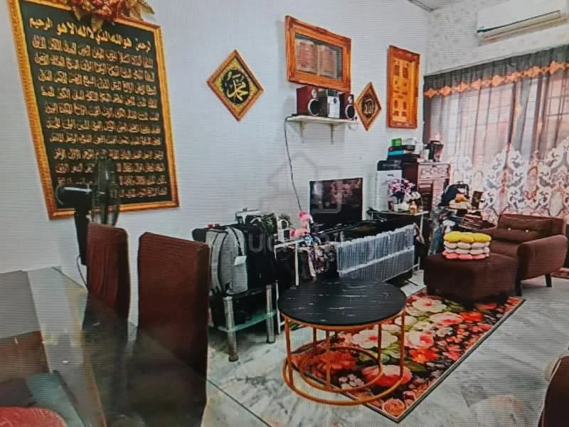 Living features: marble flooring, wall-mounted TV, 3-seater fabric sofa in brown, 2-seater fabric sofa in brown, round coffee table with metal base, decorative wall art with Arabic script, curtains with floral pattern, area rug with floral pattern, shelves with decorative items, ceiling-mounted air conditioning unit; style: traditional.