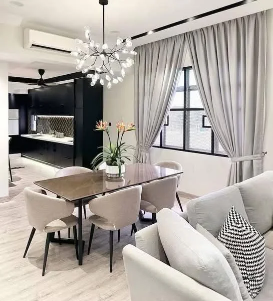Dining features: 6-seater dining table, upholstered dining chairs, chandelier with multiple bulbs, floor-to-ceiling windows, sheer curtains, wooden flooring, decorative plant in pot, decorative wall art, open layout to kitchen, neutral color palette; style: modern. Kitchen features: black cabinetry, white countertops, backlit backsplash, stainless-steel appliances, kitchen island, open layout, recessed lighting, ventilation hood; style: modern.