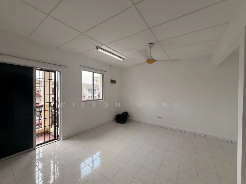 Room features: white painted walls, white tiled flooring, ceiling fan, single window, sliding door, natural light, corner space, no visible furniture; style: minimalist; view: city.