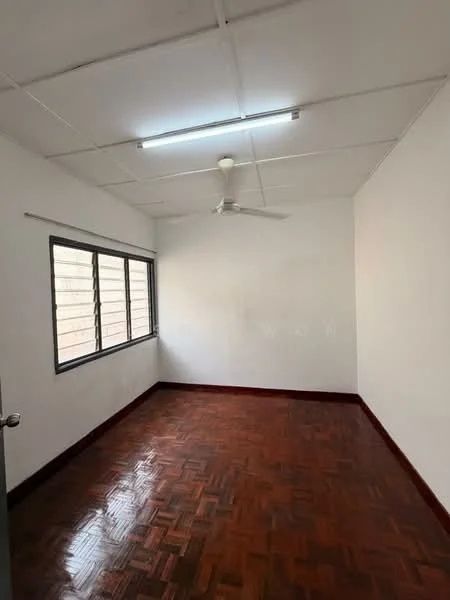 Room features: white painted walls, parquet wood flooring, ceiling fan, large windows with metal frames, natural light, plain ceiling, no visible furniture; style: minimalist.
