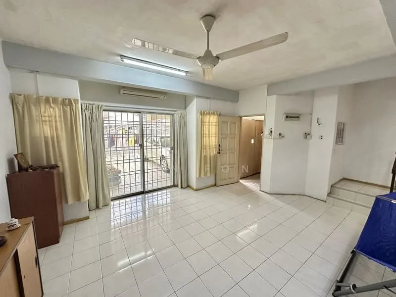 Living features: white painted walls, glossy white tile flooring, 5-blade ceiling fan with light, sliding glass door, sheer curtains, air conditioning unit, wall-mounted light fixtures, decorative wall panel, open layout, natural light from sliding door; style: modern; view: garden.
